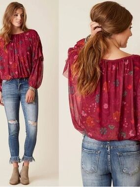 Free People Floral Burgundy Peasant Top